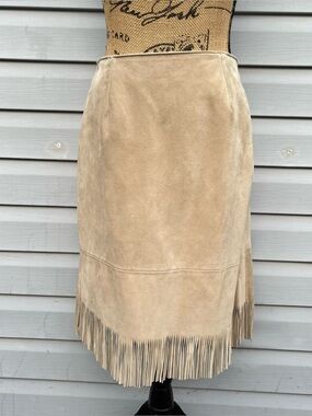 Vintage Cuir Zebra Leather Suede Beige Cream  Fringe Hem Skirt